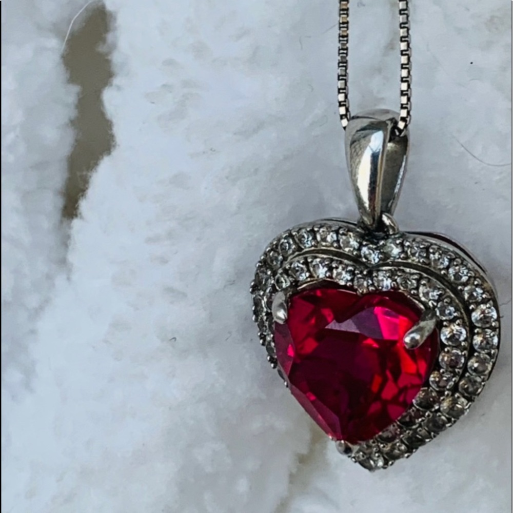 Heart Ruby pendent with double diamond halo .925 sterling silver necklace.